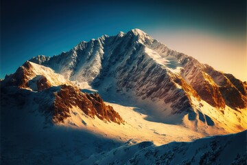 Wall Mural -  a mountain range covered in snow and a blue sky with a few clouds in the background and a few sun beams on the top of the mountain top of the mountain, with a few snow. generative ai