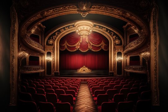 a theater with a red curtain and a stage with a red curtain and a red curtain and a gold trim around