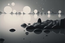  A Black And White Photo Of A Landscape With Rocks And Water And A Lot Of Bubbles Floating On The Water And A City In The Distance With A Lot Of Lights In The Distance,. Generative Ai