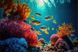 Fototapeta Fototapety do akwarium -  a group of fish swimming over a coral reef in the ocean with soft blue water and sunlight shining on the corals and corals and corals below the water surface, with soft. generative ai