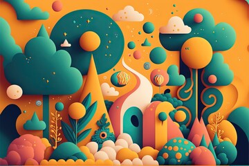 Sticker -  a colorful landscape with trees and bushes and clouds in the sky and a road going through the center of the landscape is a yellow background with blue and orange colors generative ai