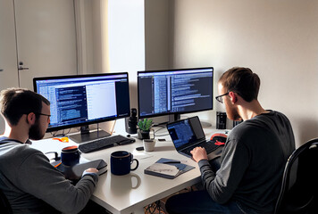 coders working, big displays with datd flow, illustration