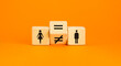 © Dzmitry - Symbol for gender equality. Turned a cube and changed a unequal sign to a equal sign between symbols of men and women. Beautiful orange table orange background, copy space. Gender equality concept.