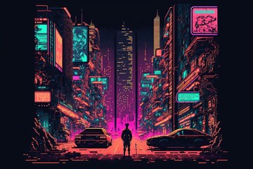 Wall Mural - Neon pixel city night. Futuristic dark night neon cityscape with skyscrapers and night lights. AI