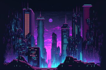 Wall Mural - Neon pixel city night. Futuristic dark night neon cityscape with skyscrapers and night lights. AI