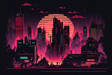 Wall Mural - Neon pixel city night. Futuristic dark night neon cityscape with skyscrapers and night lights. AI