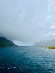 Wall Mural - Fjords coastline, ocean bay coastline, cloudy foggy sky