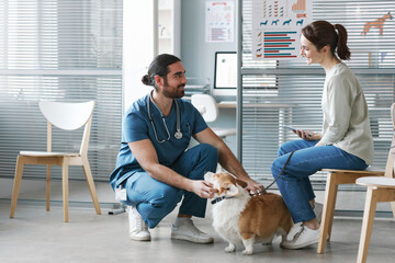 Wall Mural - Young veterinarian doctor in blue uniform talking to owner of pet