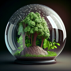 Wall Mural - environment, green planet earth, glass globe with tree, generative ai