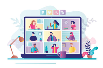 Wall Mural - Colleagues communicate on video call. Multiethnic business people discuss project on laptop screen. Technology of video conference, working from home and online meeting, concept.