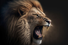 Angry Roaring Lion Closeup. AI