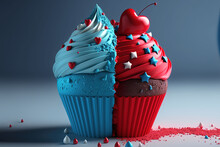 Valentines Blue And Red Cupcake, Generative AI
