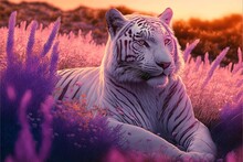  A White Tiger Laying In A Field Of Purple Flowers At Sunset With A Pink Sky In The Background And A Pink Sky In The Background With A Pink Hued Light And Purple Hued. Generative Ai
