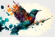  a colorful bird flying through the air with its wings spread out and wings spread out, with a splash of paint on the ground below it, and a white background with a white background. generative ai