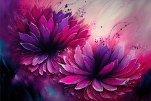  A Painting Of Two Purple Flowers On A Pink Background With Black And White Swirls And Dots On The Petals Of The Petals, And The Petals, And The Petals, And The Petals, Are Pink,. Generative Ai
