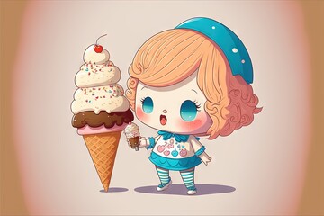 Wall Mural -  a little girl holding a ice cream cone with a cherry on top of it and a cherry on top of it, with a cherry on top of it, and a cream cone,. generative ai