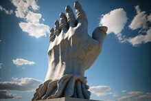  A Large Hand Statue With A Sky Background And Clouds In The Background, With A Blue Sky And White Clouds In The Background, And A Blue Sky With White Clouds, And White, With. Generative Ai