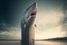  A Giant Fish Is On Top Of A Building With A Shark Mouth Open And It's Mouth Wide Open To Reveal A Giant Fish's Teeth, While It's Mouth Is In The Water. Generative Ai