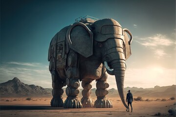 Canvas Print -  a man standing next to an elephant statue in the desert with mountains in the background and a sky with clouds in the background, with a man standing next to the eleph Generative AI