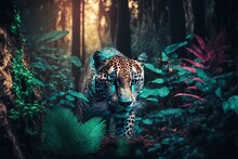  A Leopard Walking Through A Lush Green Forest Filled With Trees And Plants, With A Bright Light Shining On Its Face And Head, In The Background Of A Dense, Dense, Green,. Generative Ai