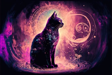 Canvas Print -  a cat sitting in a pool of water with a crescent and stars design on it's back side, in front of a purple background with a blue and pink hued sky and purple hue. generative ai