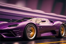  A Purple Sports Car Driving Down A Wet Road In The Rain With A Blurry Background Of A Train Track And A Building In The Background, With A Yellow Line Of Yellow Lines,. Generative Ai