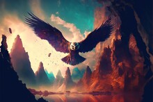  A Bird Flying Over A Mountain Covered In Clouds And Rocks With A Sky Background And A Lake Below It With A Bird Flying Over A Mountain Covered With Rocks And A Lot Of Water Below. Generative Ai