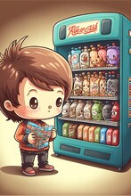  a boy is looking at a vending machine with drinks in it and a bag of chips in front of him, with a cartoon character on the side of the vending machine behind. generative ai