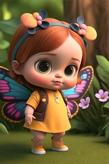 Wall Mural - a little girl with a butterfly wings standing in the grass