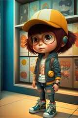 Wall Mural -  a cartoon girl with a hat and earphones standing in front of a store window with a cartoon character on it's face and a yellow hat on her head and a blue jacket. generative ai