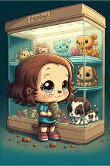 Wall Mural -  a little girl standing in front of a display case filled with stuffed animals and toys, with a dog on the floor and a cat on the ground behind the glass door, and a. generative ai