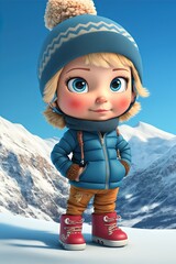 Wall Mural -  a cartoon character is standing in the snow wearing a blue jacket and a hat with a pom pom on it's head and a blue jacket with a brown scarf and brown boots. generative ai