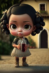 Wall Mural -  a cartoon girl holding a bottle of soda in her hand and wearing a dress with a bow on it's head and a bow in her hair, standing on a street with a house. generative ai