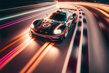  A Racing Car Driving Down A Road At Night Time With Lights On The Side Of It And A Number On The Front Of The Car, And A Number On The Front Of The Car. Generative Ai