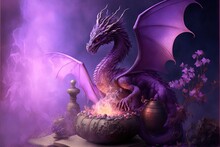  A Purple Dragon Sitting On Top Of A Pot Of Fire Next To A Lamp Post And A Purple Background With Flowers And A Purple Sky Behind It Is A Purple Smoke Filled With A Light. Generative Ai