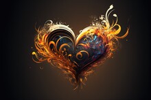  A Heart Shaped Firework With Flames And Swirls On A Black Background With A Black Background And A Red And Yellow Heart With A Black Background With A Red And Yellow Border And White. Generative Ai