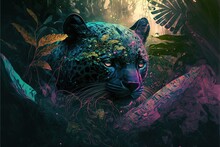  A Painting Of A Leopard In The Jungle With A Bird In Its Mouth And A Bird In Its Mouth, With A Background Of Leaves And Flowers And Leaves, And A Bird, And A Bird,. Generative Ai