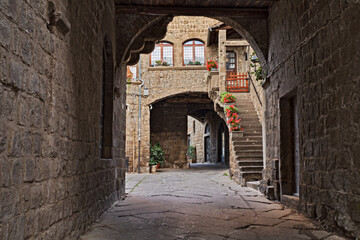 Canvas Print - Viterbo, Lazio, Italy: the medieval district San Pellegrino in the old town of the ancient city, along the Via Francigena route