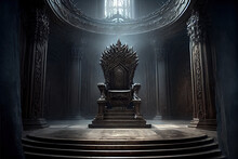 Gothic Castle Illustration, Big Hall Interior With Empty Dark Throne
