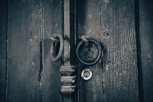  Old Rusty Lock Hook And Modern Door Lock On Wooden Door. Door Of Old Rustic Wood With Padlock Vintage Concept.