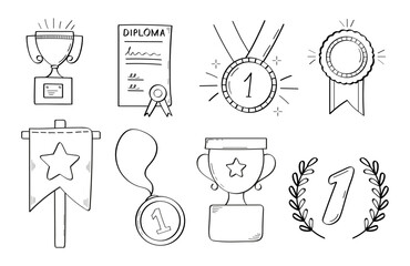 First place doodle icon. Medals and diploma set vector. Champion cup in sketch style. Awards, trophy cups, stars. Winner prize, champion cup, ribbon in hand drawn style.