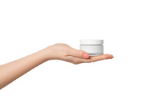 A Jar Of Nourishing Cream In A Female Palm, Isolate.