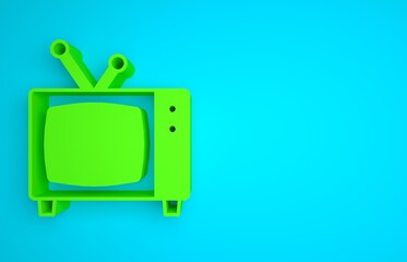 Wall Mural - Green Retro tv icon isolated on blue background. Television sign. Minimalism concept. 3D render illustration