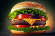 An appealing cheeseburger with a green salad and ground meat patty within a sliced hamburger bun with sesame seeds is shown up close. It is garnished with sliced tomatoes, onions, cheese, parsley, and