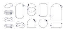 Trendy Line Elements Set, Minimalist Frames And Borders With Twinkle Stars. Different Aesthetic Oval Elements And Arch Line Frame With Sparkles. Vector Illustration.