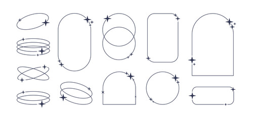 Trendy line elements set, minimalist frames and borders with twinkle stars. Different aesthetic oval elements and arch line frame with sparkles. Vector illustration.