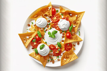 Wall Mural - A party snack of tortilla chips and nachos with sour cream and tomato salsa. Mexican cuisine. a stark white background looking up. Delete space. Generative AI