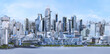 Modern city skyline panorama. Futuristic eco cityscape concept illustration: skyscrapers, business towers, office, residential tall buildings. Panoramic urban view of megapolis town, downtown 3D scene