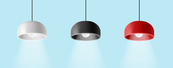 3D hanging lamps for interior and advertising. A set of colored lamps on a light blue background with a ray of light.