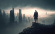 © ana - Futuristic man with his back to the viewer. Back view of a man. Dystopian city with the silhouette of a survivor overlooking the desolate destroyed skyline.